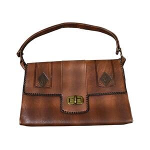 Vintage 40s Meeker Art Deco Tooled Leather Whipstitched Handbag Purse